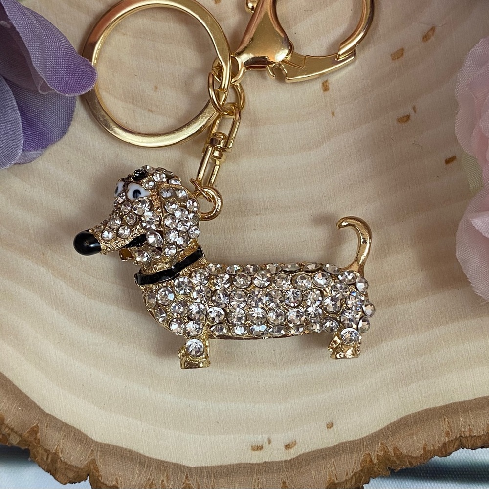 Silver Crystal Hot Dog Puppy Keychain Charm - Picture 6 of 14